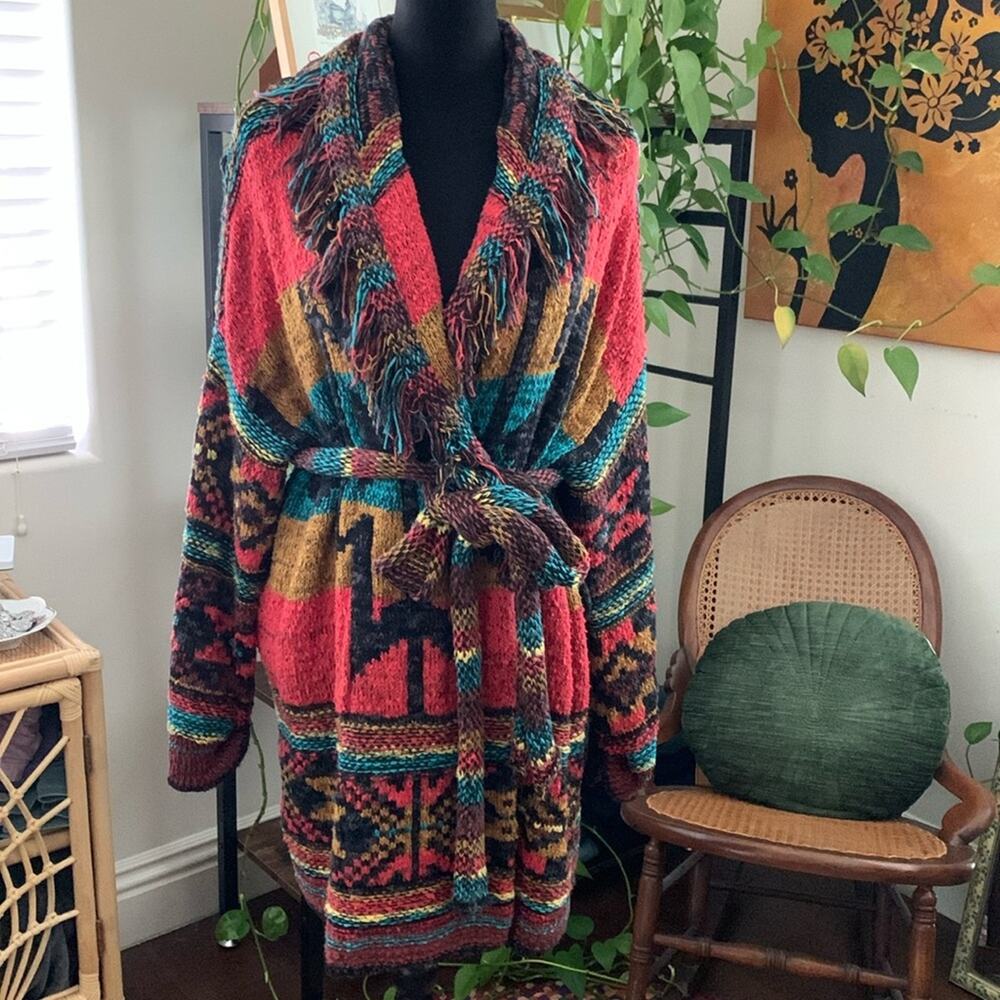 Free People Wild Wild West Multicolor Aztec Knit Belted Boho Fringe Cardigan